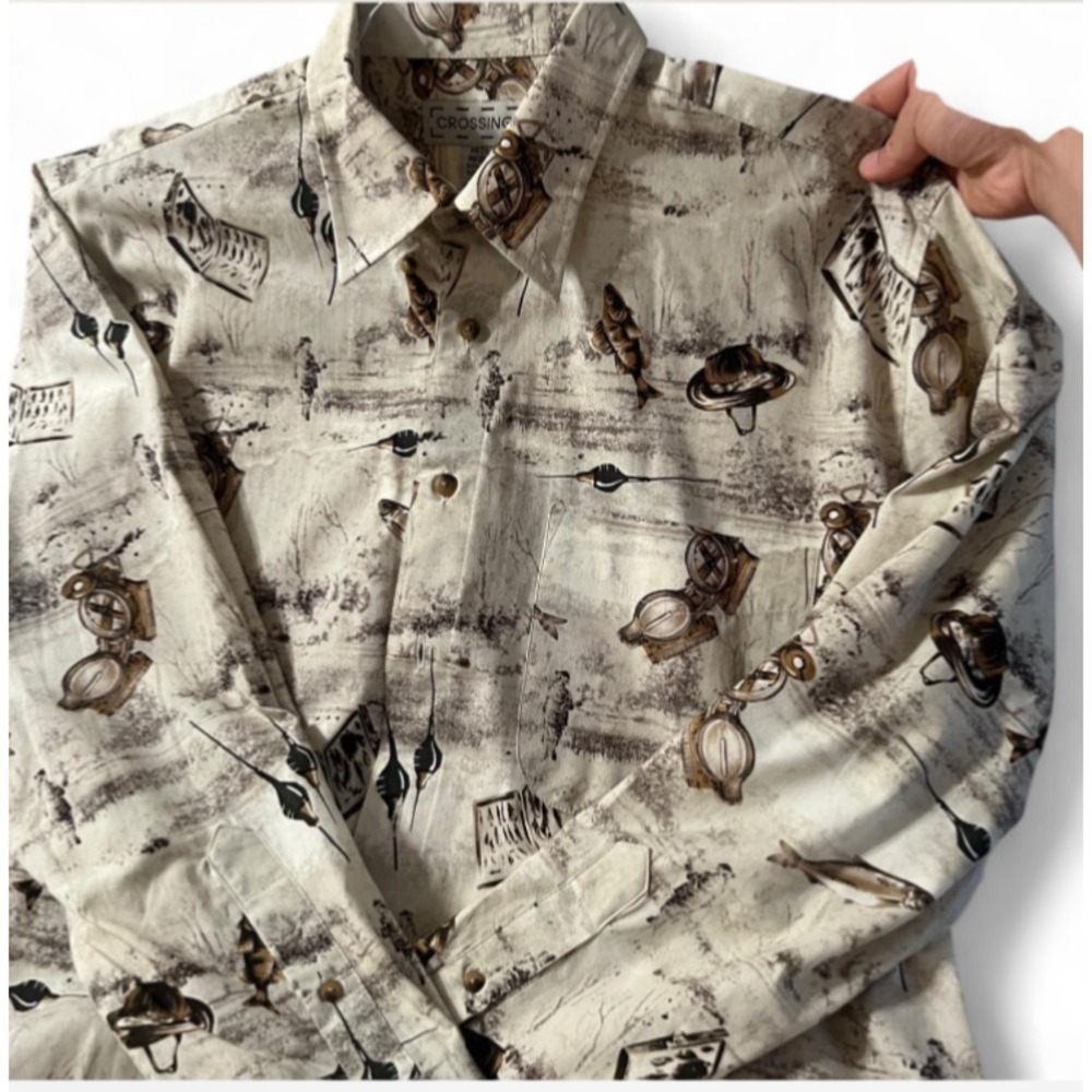Vintage Crossings‎ Shirt Mens Large Multicolor All Over Print Button Up Fishing